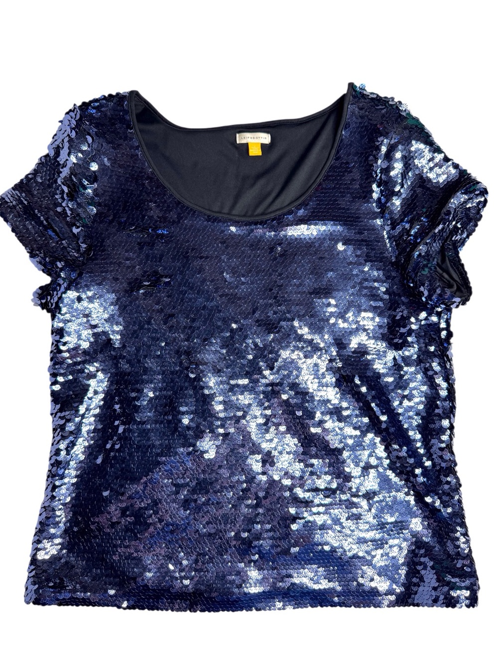 Leifsdottir Anthropologie Blue Sequin Scoop Neck Short Sleeve Blouse Size Large